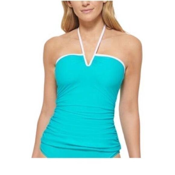 Calvin Klein V-Wire Bandeau Halter Tankini Swim Top Tropical Waters Blue XXL New - Picture 1 of 9